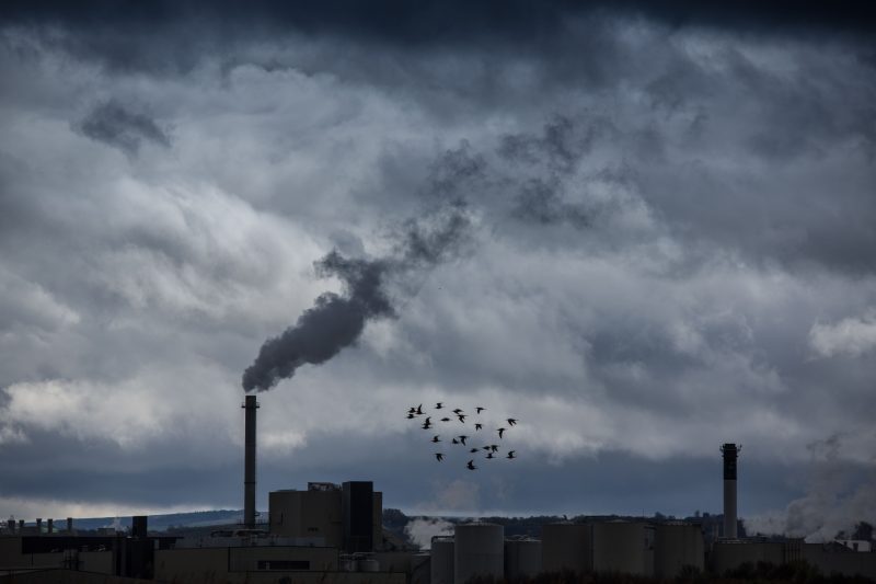 The industrial buildings, factory emitting smoke and pollution going into the air as dark clouds, birds flying past