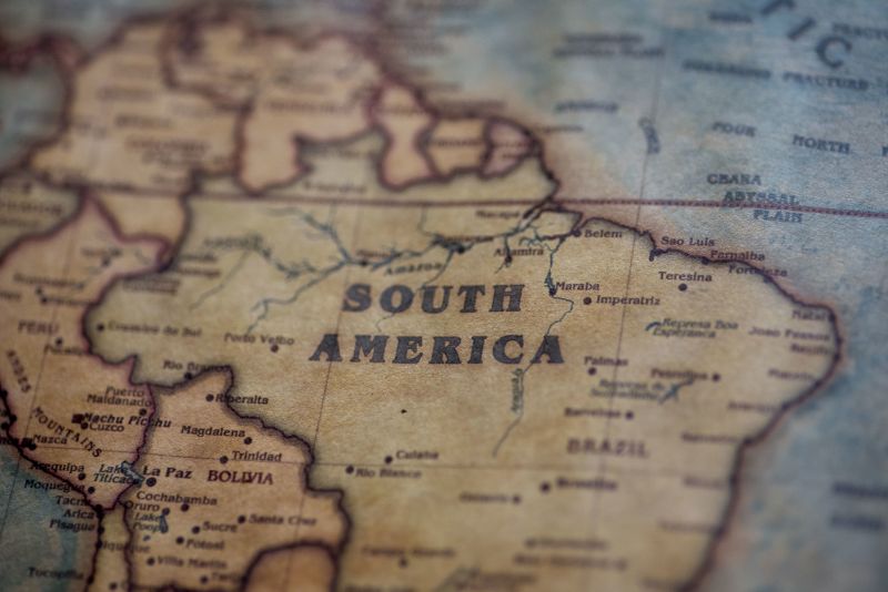 A closeup shot of south America on an old map