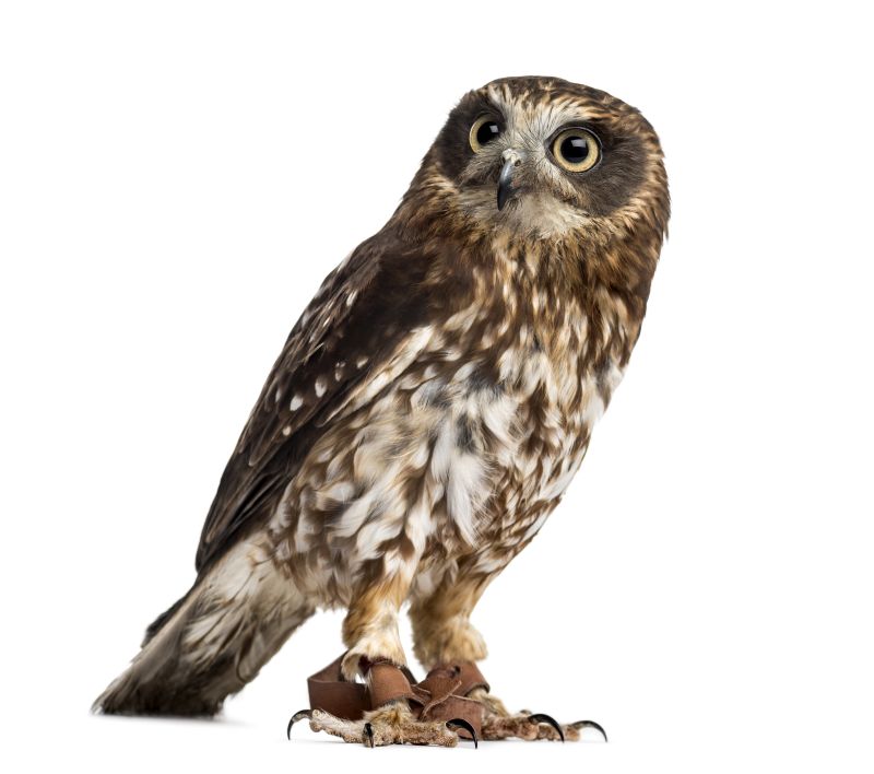 southern boobook (Ninox boobook)with jesses in front of a white background